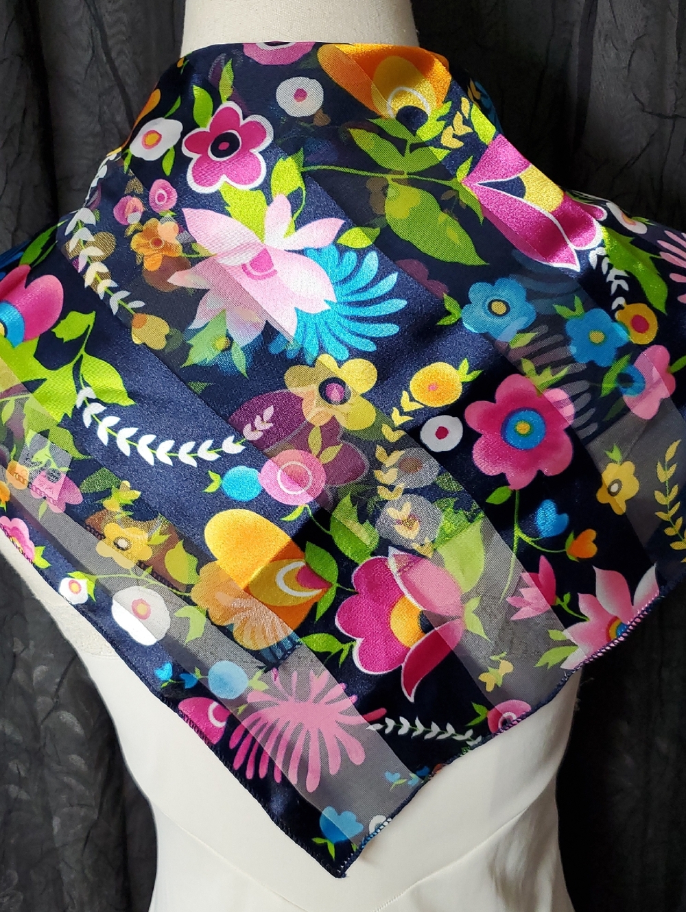 Vintage Satin Scarf BLACK FLORAL Midnight Blue Black 21" SQUARE